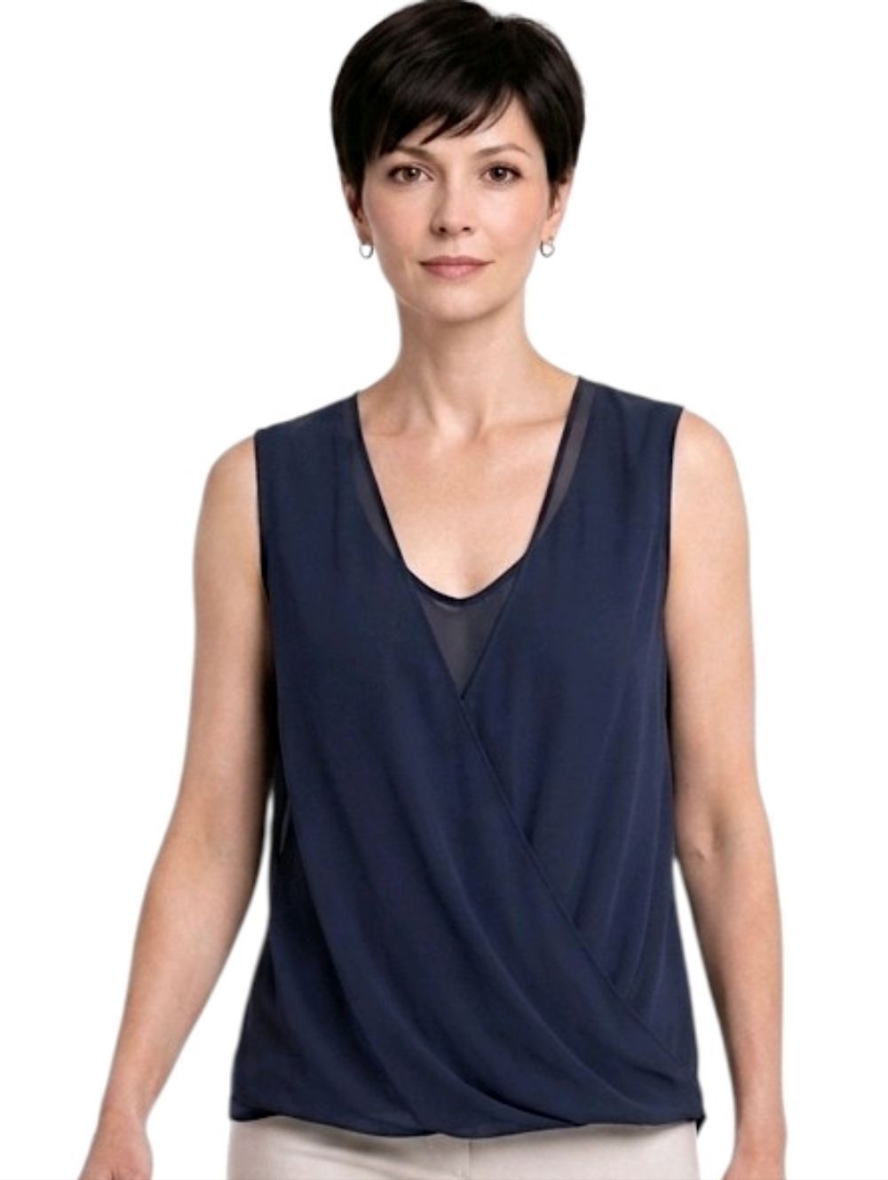 KUT from the Kloth Navy Surplice Faux-Wrap Sleeveless Blouse Size M